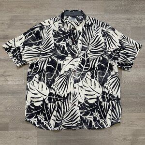 Tommy Bahama Shirt Mens 2XL Black 100% Silk White Palm Leaf Camp Button Front